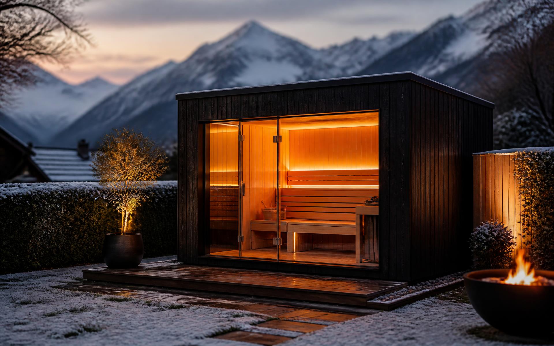 Beleuchtete Outdoor-Sauna in einem Schweizer Garten in der Abenddämmerung