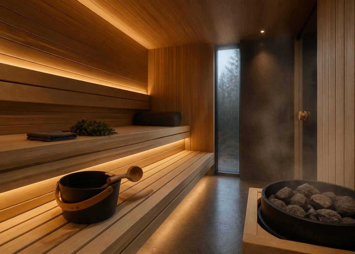 Warm beleuchteter Innenraum einer finnischen Sauna